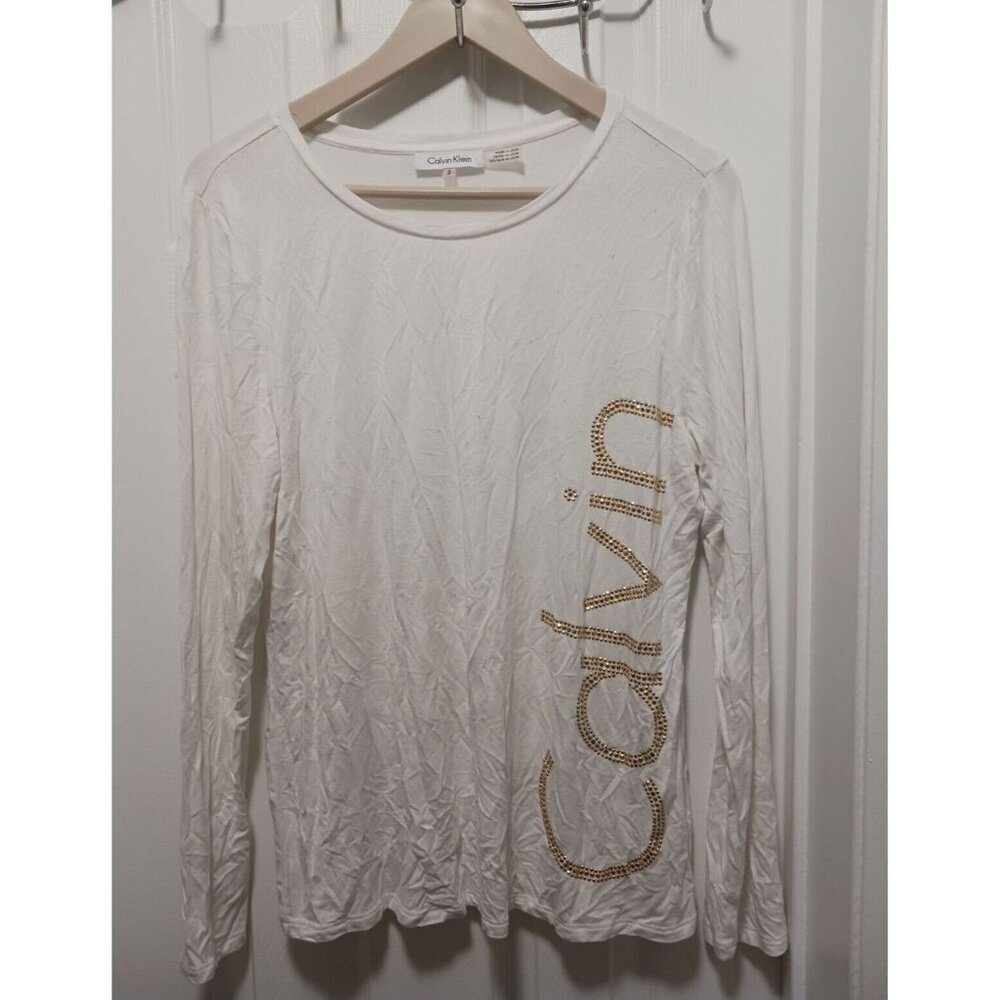 Calvin Klein Women's Long Sleeve  Scoop Neck White Top Shirt Size M